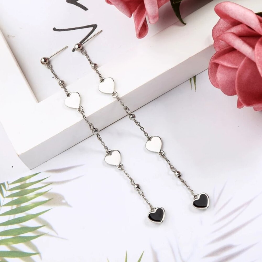 HEART SILVER EARRINGS, LONG STATEMENT EARRINGS
